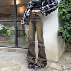 铁锈黄高腰弹力微喇牛仔裤男女水洗褶皱设计喇叭长裤子YD2126-P60，女装休闲裤，星座509