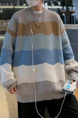 M9107/P65秋冬设计感新款圆领毛衣男百搭简约宽松条纹打底针织衫，男装T恤，电商A141
