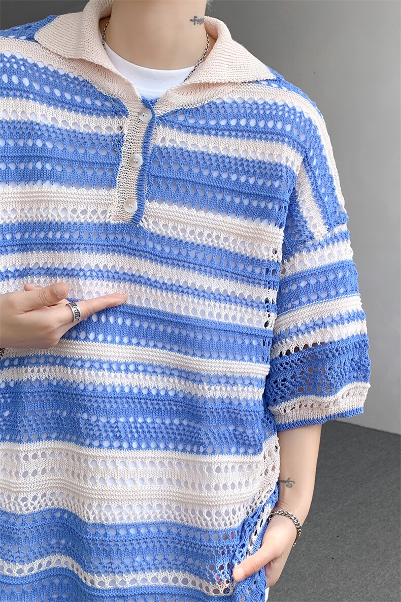 8XL-M特大码美式复古条纹撞色针织POLO衫翻领休闲短袖TDX311P35,男装Polo衫,电商D206-1