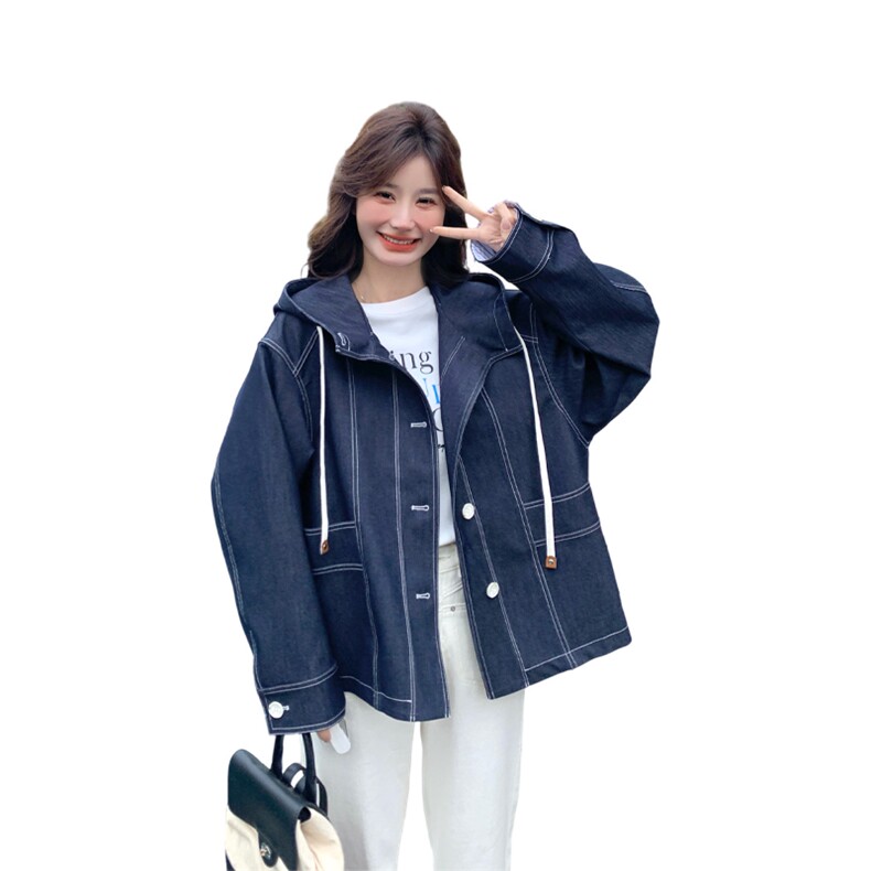 条纹拼接风衣式连帽牛仔外套女春秋2025新款超火流行超好看小个子,女装风衣,浙宝285（原212）