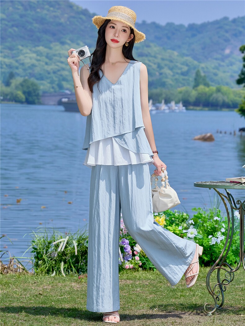 （新款现货）2026夏装时尚莱赛尔花苞假两件上衣阔腿裤套装两件套,女装套装/套裙,印象茜
