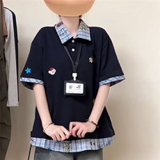 Q381-P34polo领学院风拼接短袖T恤宽松复古慵懒情侣polo衫夏，男装Polo衫，星座911-1