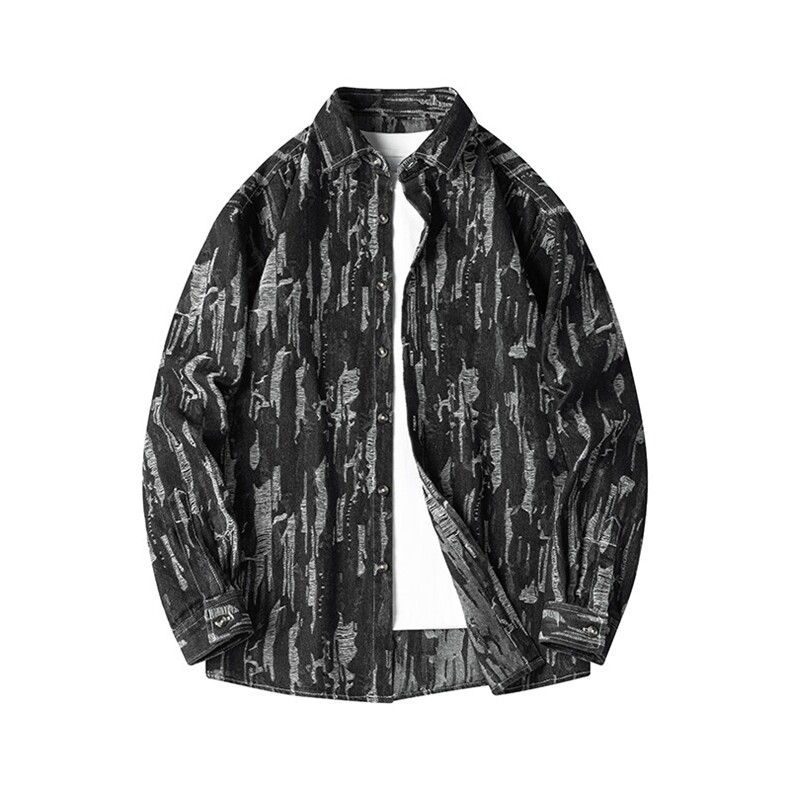 25年春季磨破牛仔衬衫长袖大码宽松落肩现货DS-C324-1-G655-P48，男装衬衫，电商C323-1