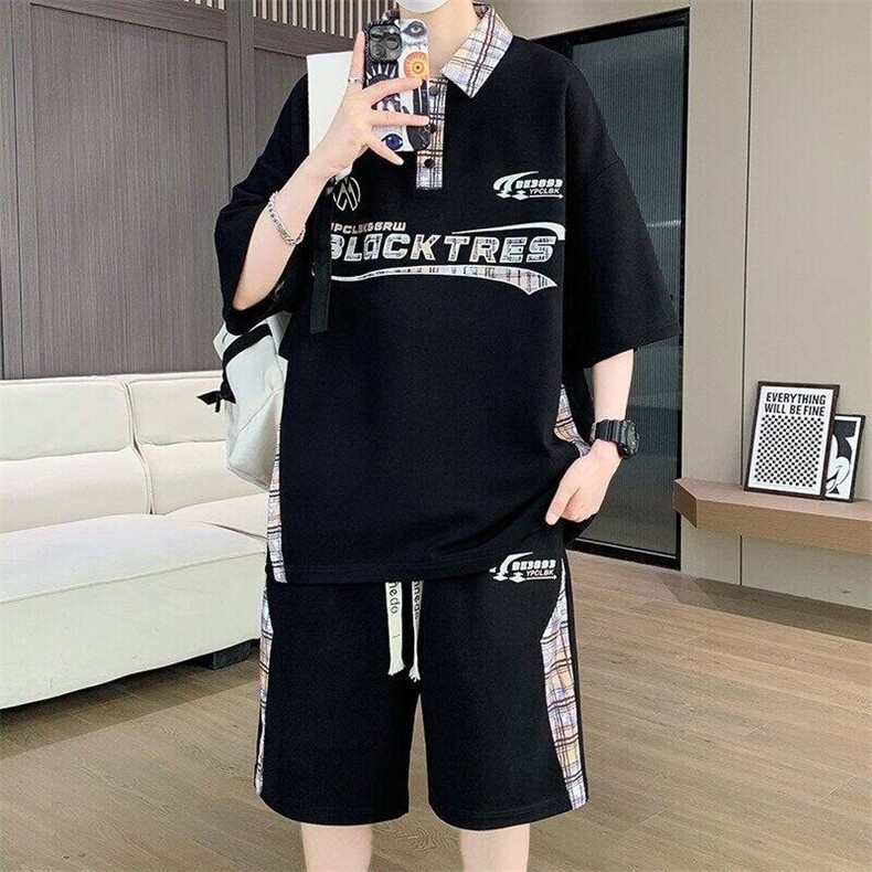 TZ25357-P60夏季休闲T恤短裤男两件套青少年学生运动短袖套装,男装牛仔裤,电商D310B