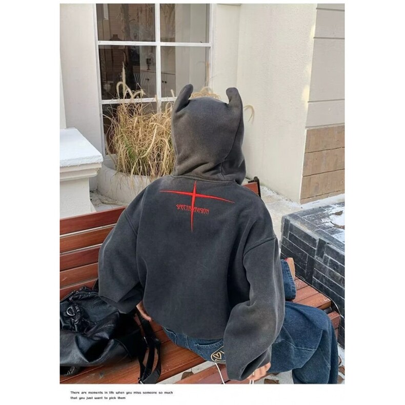 美式重磅街头水洗连帽卫衣男女潮牌秋季新款小恶魔设计感开衫外套,女装短外套,四季星座505