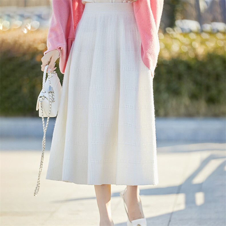 25秋冬新款高腰显瘦纯羊毛半身裙女百搭洋气A字裙中长款针织伞裙，女装半身裙，蒙特羊绒