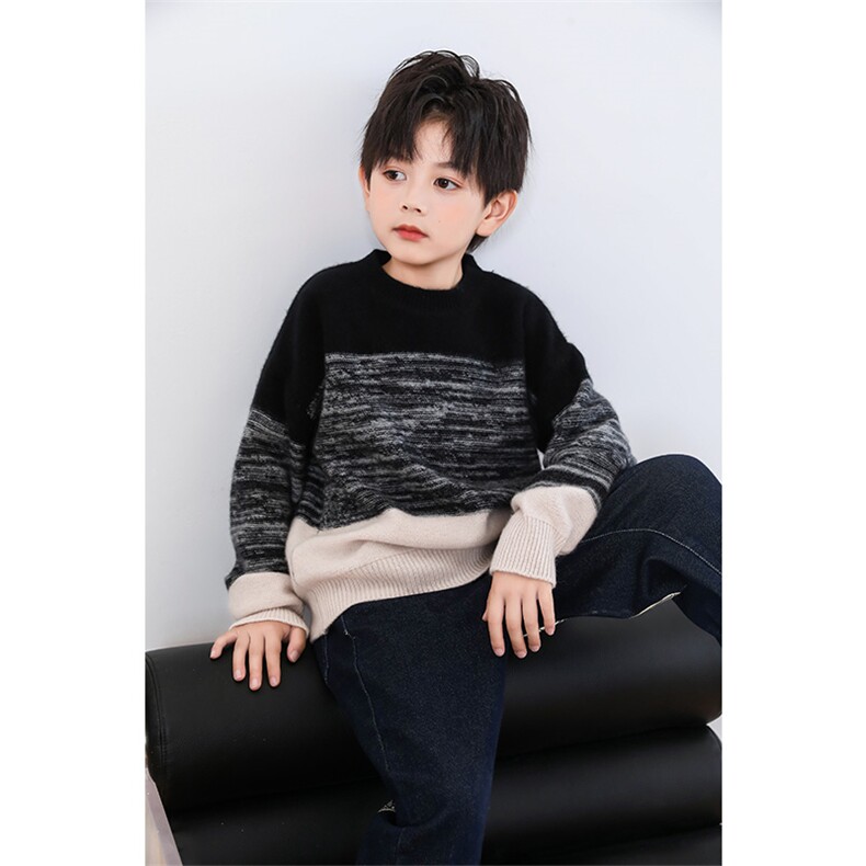 时尚儿童五针花纱撞色圆领针织衫舒适保暖春秋冬，童装毛衣，越洋羊