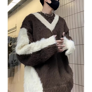 复古仿貂毛不规则设计毛衣男女假两件毛衫慵懒风长毛上衣 MY9158图片