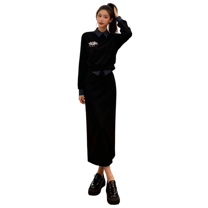 休闲时尚运动套装女秋季新款高级感欧货拼接卫衣半身裙两件套潮流,女装套装/套裙,2C310
