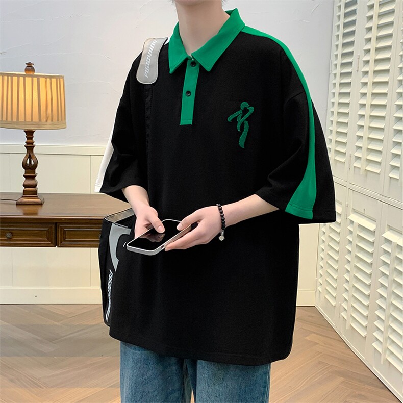 夏装青少年简约翻领Polo衫牙刷绣宽松短袖T恤男女 626-P35控价58图片