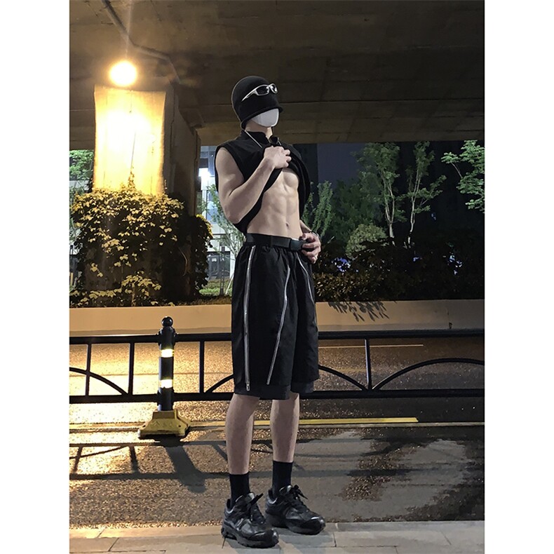 B221美式ins高街暗黑小众假两件休闲短裤五分裤LK23062-P55控78,男装休闲裤,电商B221