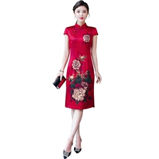 2024春夏季新款专柜品质真丝高奢时尚修身中长款婚礼旗袍连衣裙，女装连衣裙，小荷流