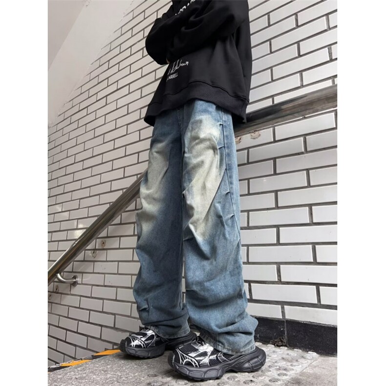 美式复古牛仔裤男褶皱设计感牛仔裤阔腿裤痞帅欧美裤子XN856-P53,男装牛仔裤,星座1001-1