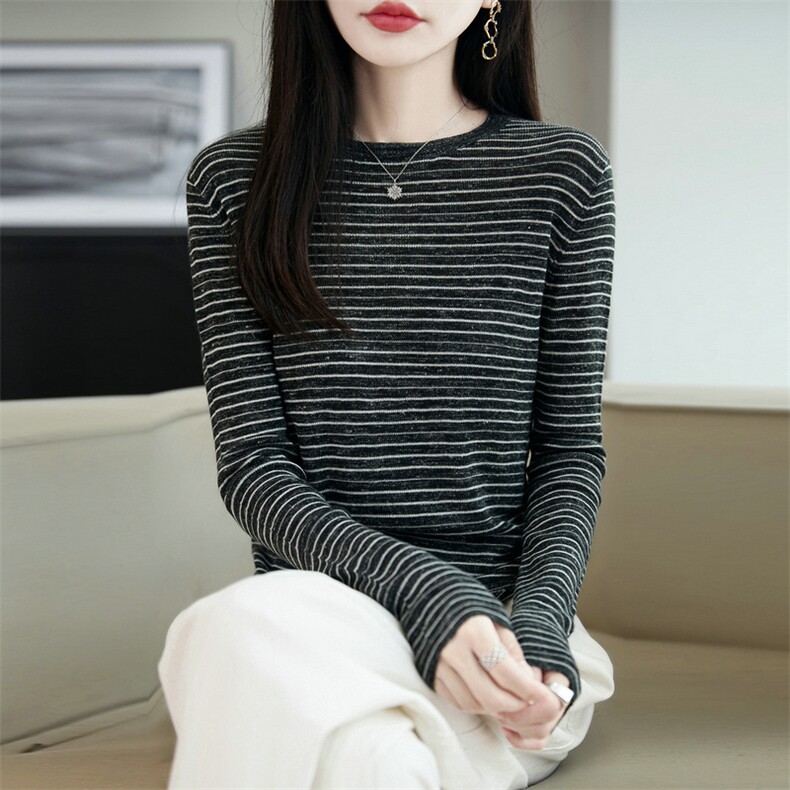 法式复古彩麻针织条纹长袖T恤女25新款洋气显瘦内搭打底衫毛衣潮,针织衫/毛衣,朝贺羊绒