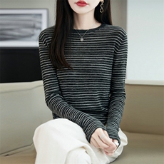 法式复古彩麻针织条纹长袖T恤女25新款洋气显瘦内搭打底衫毛衣潮，女装针织衫/毛衣，朝贺羊绒