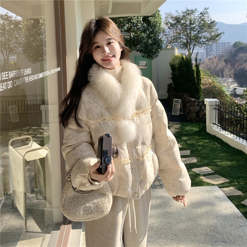狐狸毛新中式木耳边羽绒服外套女2026冬季新款90白鸭绒保暖上衣潮,女装羽绒服,2C218