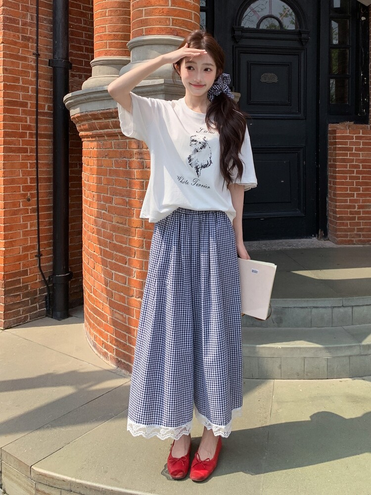 慵懒风印花T恤格子阔腿裙裤套装女2025夏季新款休闲小个子两件套,女装套装/套裙,千寻