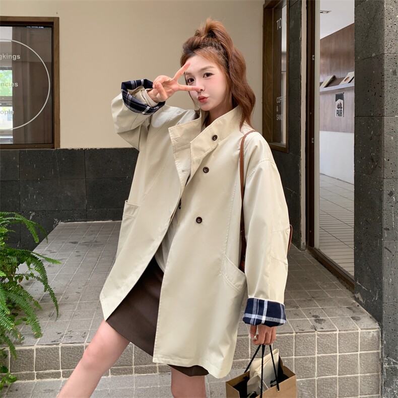 高级感撞色格纹拼接立领风衣外套女春秋2025新款小个子大衣巨好看,女装短外套,2C129