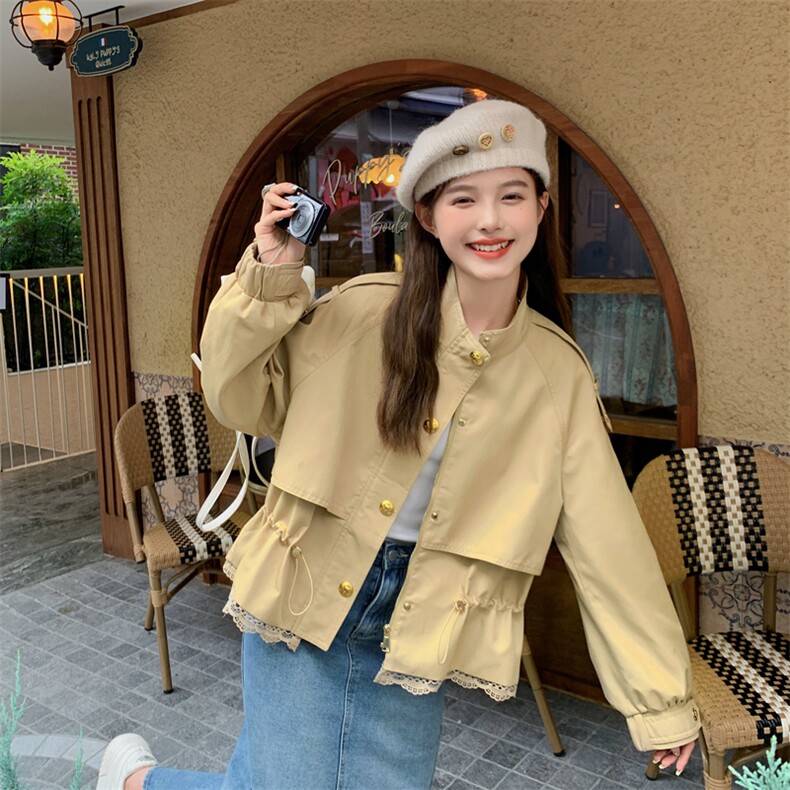 卡其色蕾丝拼接短外套女春秋2025新款小香风设计感时尚小个子风衣，女装短外套，帛香坊