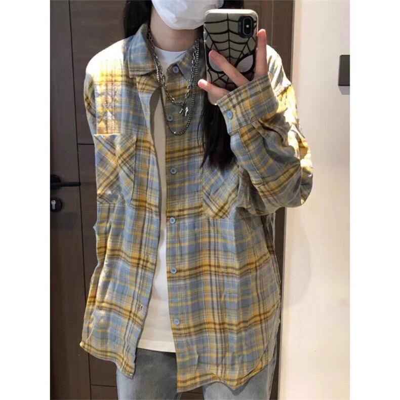 美式复古蓝色格子衬衫女宽松慵懒风春秋小众潮牌休闲百搭外套潮图片
