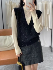 春秋新款V领亮丝针织马甲女背心叠穿套头宽松，女装马甲，晨旭羊绒