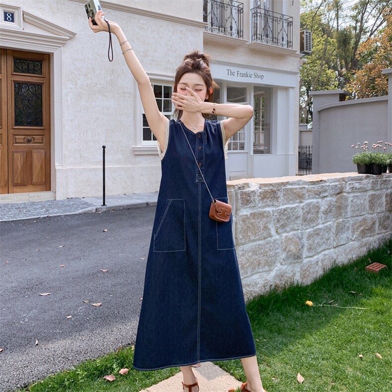 深蓝色薄款牛仔无袖连衣裙女2025夏季新款港味复古休闲长款背心裙图片