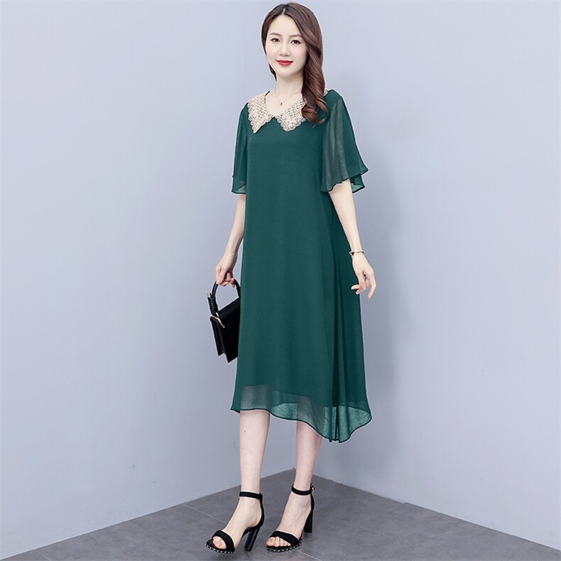 (现货）胖mm短袖雪纺连衣裙女2025夏季新款娃娃领黑色气质裙子,女装大码女装,深妍伊美