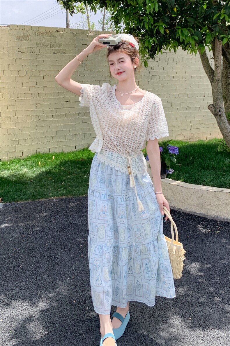 夏季半身裙蕾丝衫时尚两件套女,女装套装/套裙,秋水欣儿