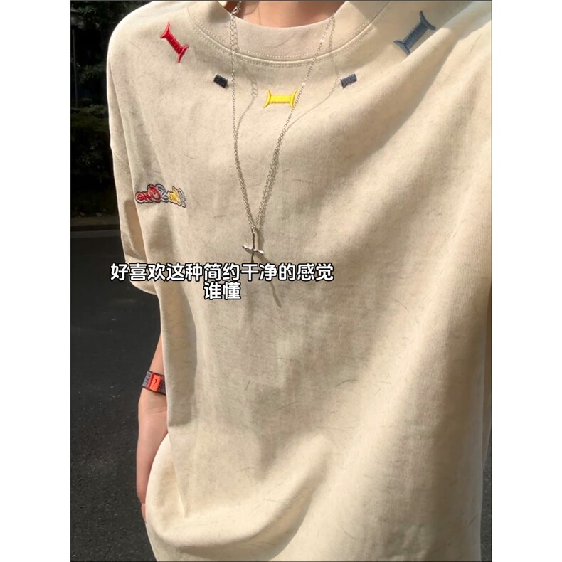 彩色万针刺绣t恤男款夏季小众设计感情侣短袖美式高街正肩半截袖,男装T恤,四季星座505