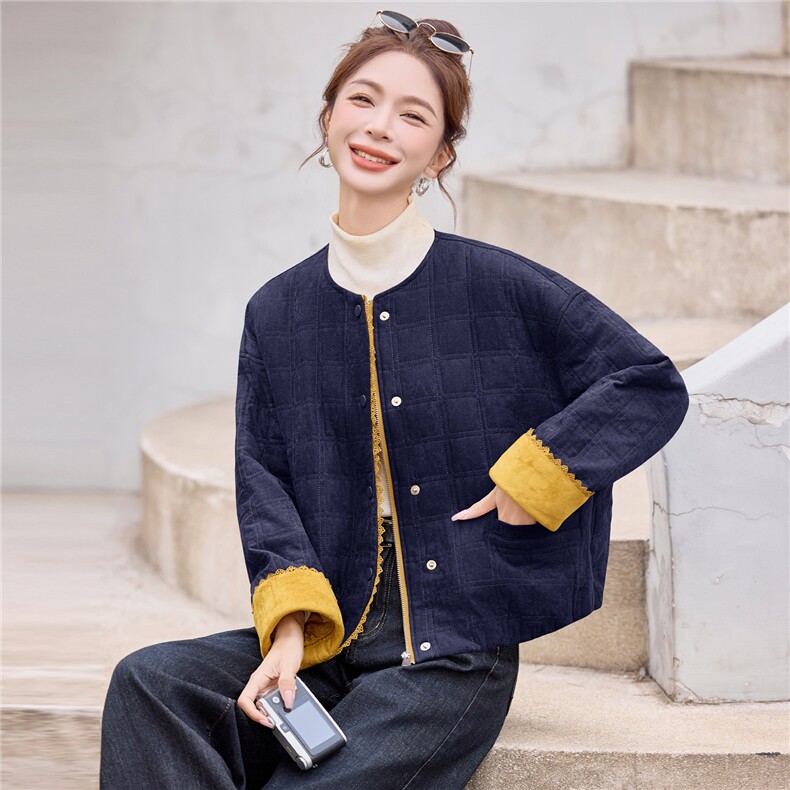 休闲短款夹棉外套2025冬新款减龄洋气圆领棉衣棉服女,女装棉衣/棉服,余墨