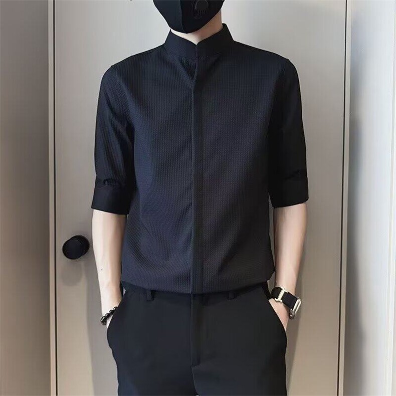 华夫格衬衫男短袖夏季痞帅立领衬衣新款夏装男士中袖上衣S520,男装T恤,星座1116A（原606A-3）