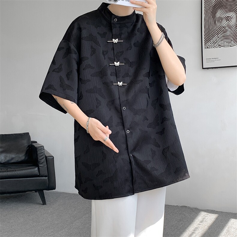 8XL-M特大码新中式衬衫男复古风垂感短袖衬衫外套CS512P48,男装衬衫,电商D206-1