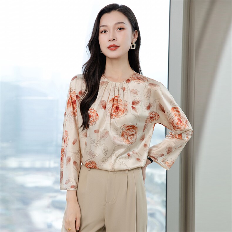 粉色印花高级春装新款真丝衬衫女洋气真丝套头圆领长袖上衣图片