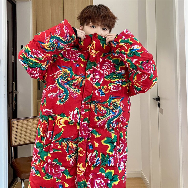 东北大花棉袄男冬季中长款加厚保暖潮牌军大大衣连帽棉衣棉服外套图片