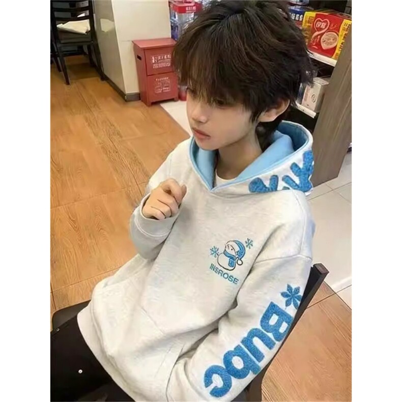 潮雪花刺绣连帽卫衣男秋冬宽松情侣装毛巾绣外套帽衫男女,女装短外套,四季星座505