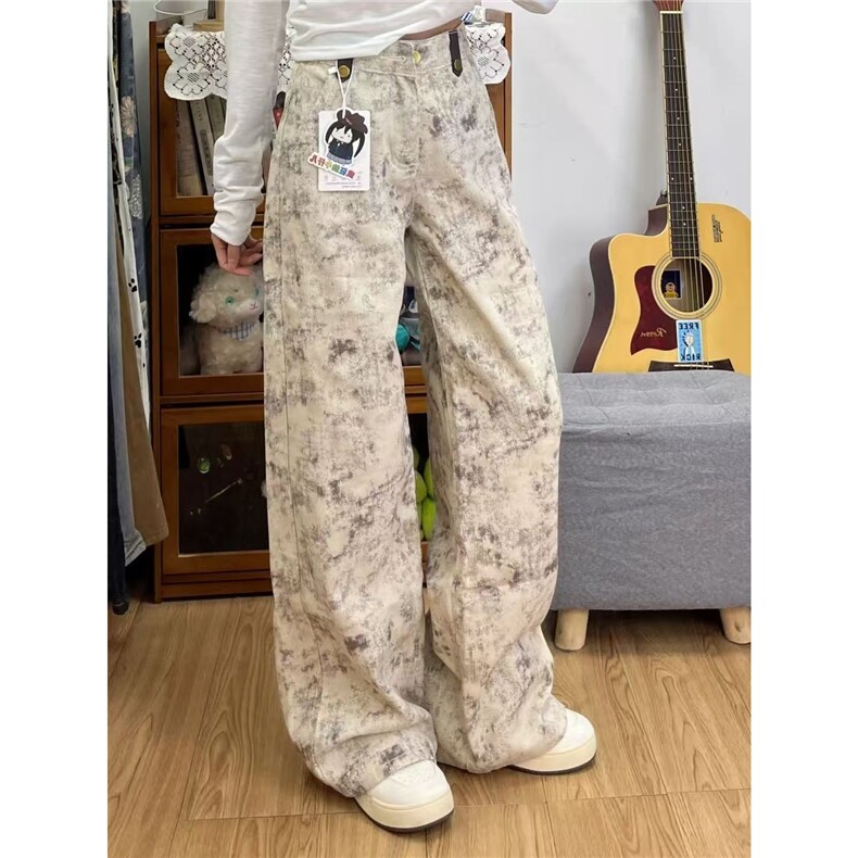 扎染休闲高腰牛仔裤男女宽松阔腿垂感显瘦拖地牛仔裤AM1843P41,男装牛仔裤,星座1013-5
