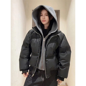 现货高品质重磅工艺美式高街假两件PU皮棉衣男女加厚棉服外套图片