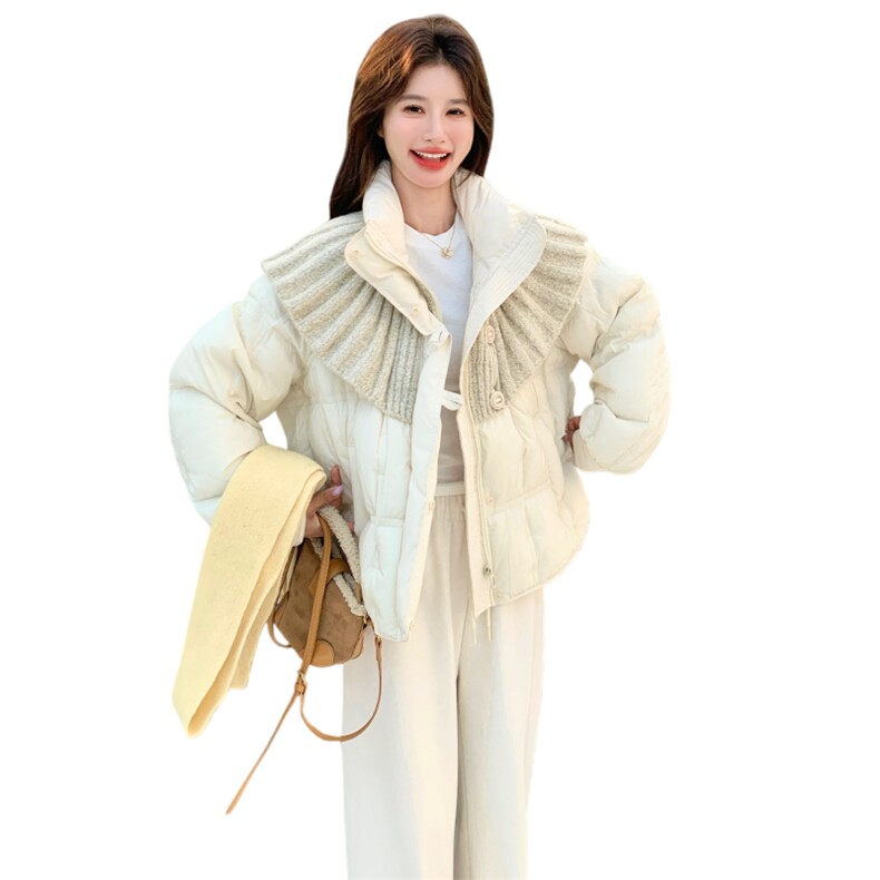 针织拼接短款羽绒服女冬2026新款设计感减龄巨好看保暖白鸭绒外套,女装羽绒服,2C159