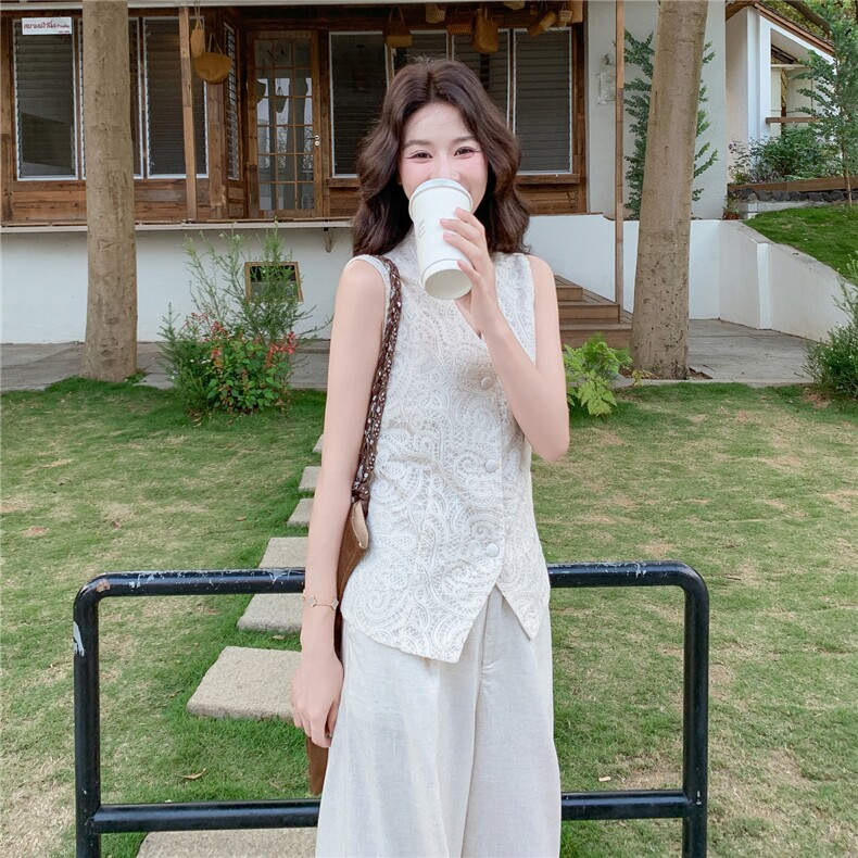 韩系通勤风蕾丝马甲+亚麻阔腿裤两件套气质松弛感套装女,女装套装/套裙,维壹