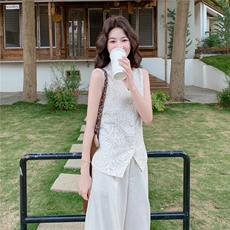 韩系通勤风蕾丝马甲+亚麻阔腿裤两件套气质松弛感套装女，女装套装/套裙，维壹
