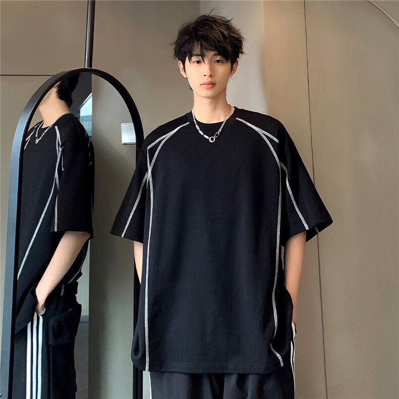 个性百搭潮牌休闲时尚美式复古明线宽松上衣短袖T14-P38,男装T恤,电商C307