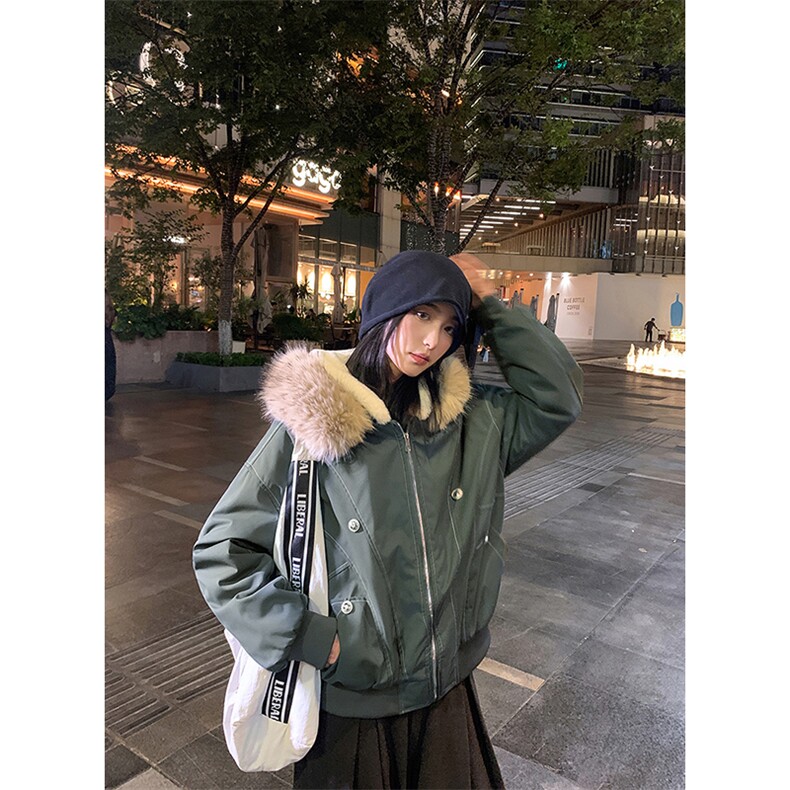 现货重磅boxy短款棉衣座山雕大毛毛领男女棉服水洗工装厚外套图片