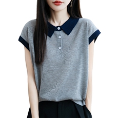 拼色polo领短袖POLO领t恤新款2025年韩系宽松时尚竹节麻小衫上衣，女装针织衫/毛衣，菲奥羊绒