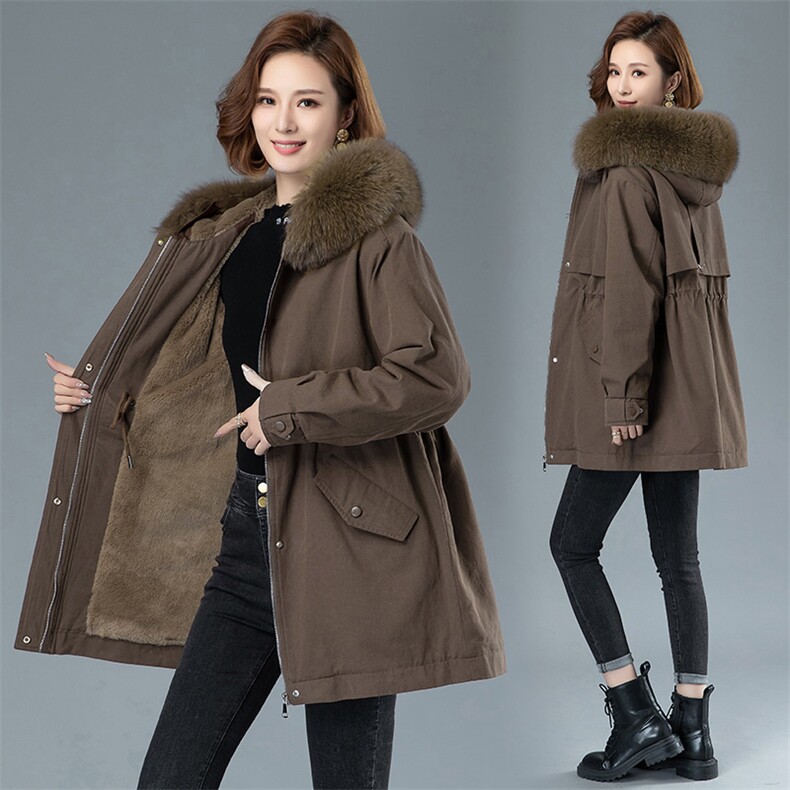 2023年冬季新款兔毛内里时尚中长款连帽大毛领棉服派克服风衣外套，女装风衣，阿丹