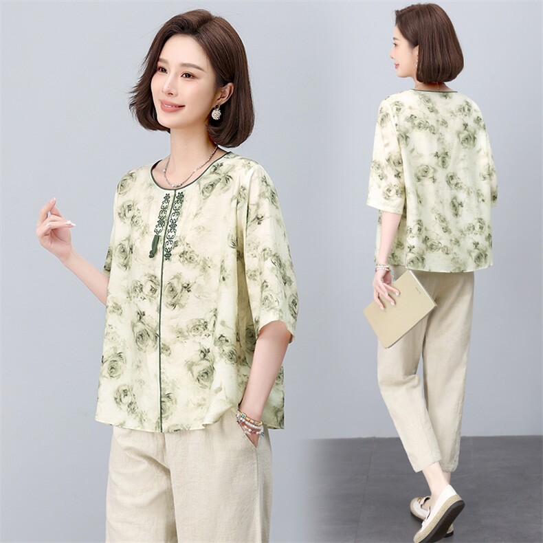 新中式国风印花女2025夏季新款妈妈宽松遮肚子减龄亚麻，女装大码女装，依恋蒂丝