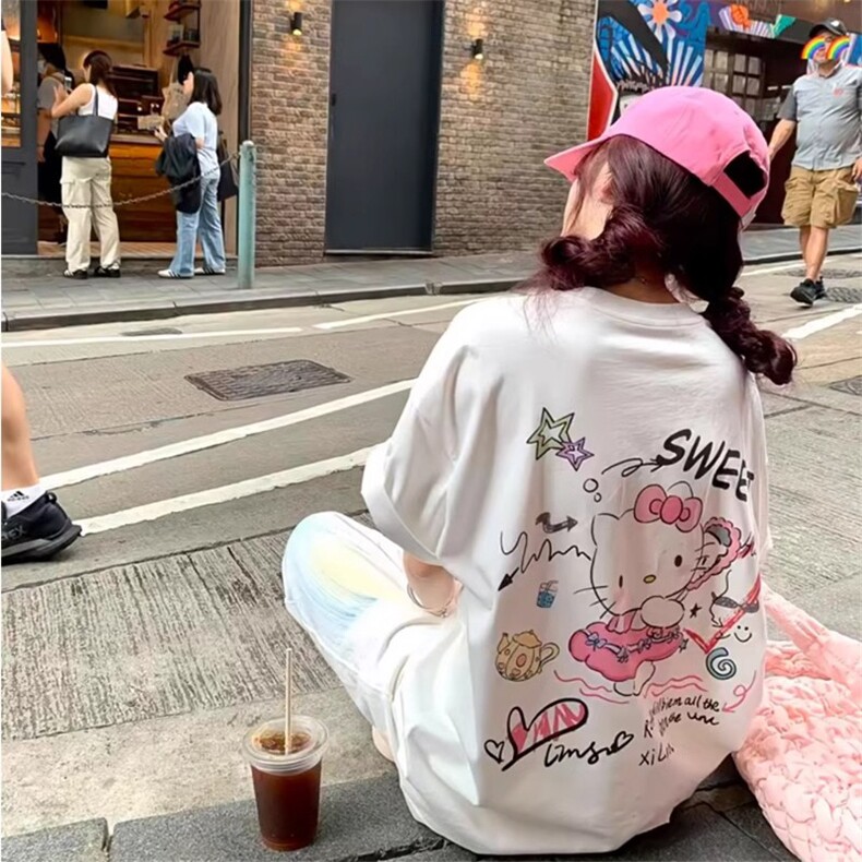 T577-P25可爱卡通Kitty女孩印花纯棉短袖初高中学生宽松上衣,男装T恤,星座617A-2