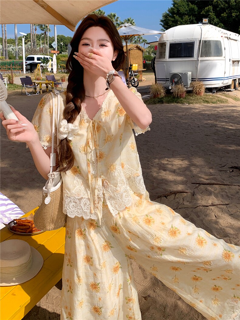 法式蕾丝拼接绣花套装女2026夏新款时尚洋气少女感V领上衣阔腿裤,女装套装/套裙,衣秀之家