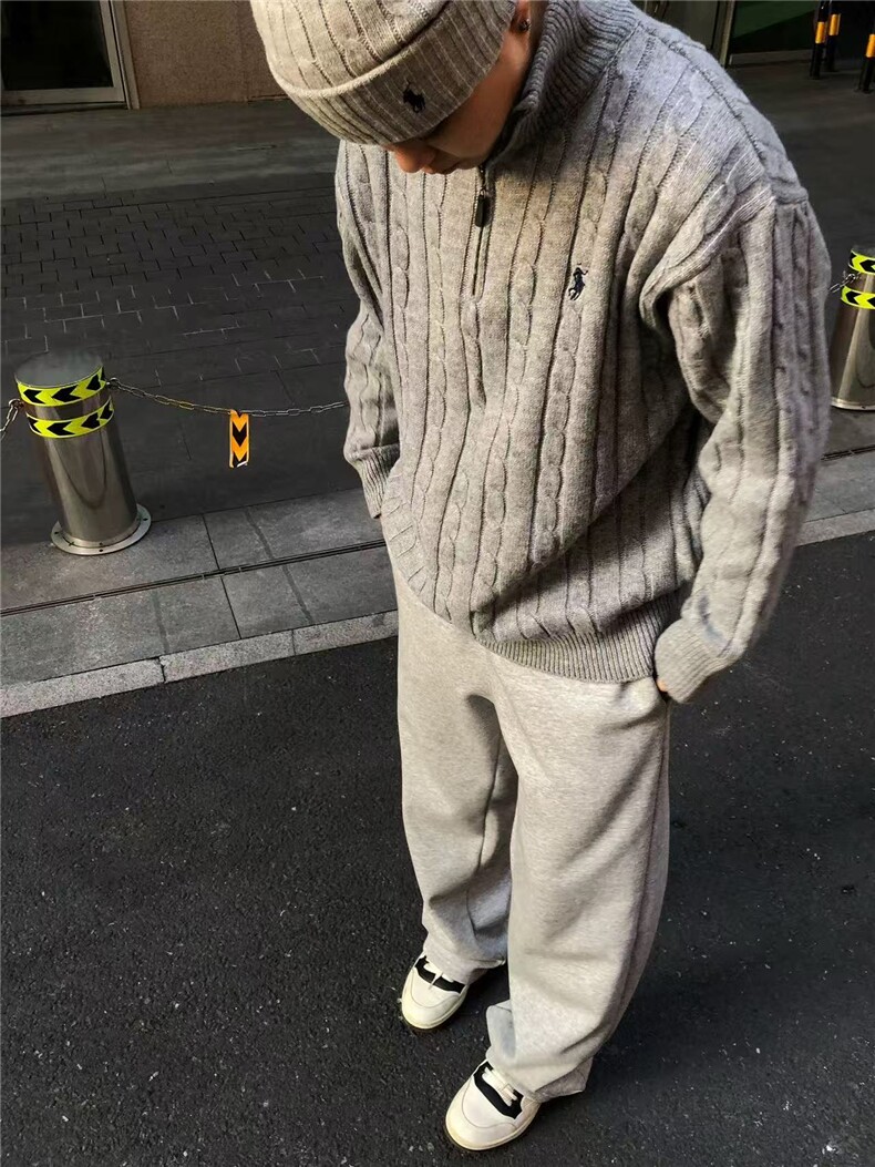 金戈铁马灰色RL半高领拉链毛衣男老钱风慵懒感加厚针织衫NB45P65,男装针织衫/毛衣,电商D256