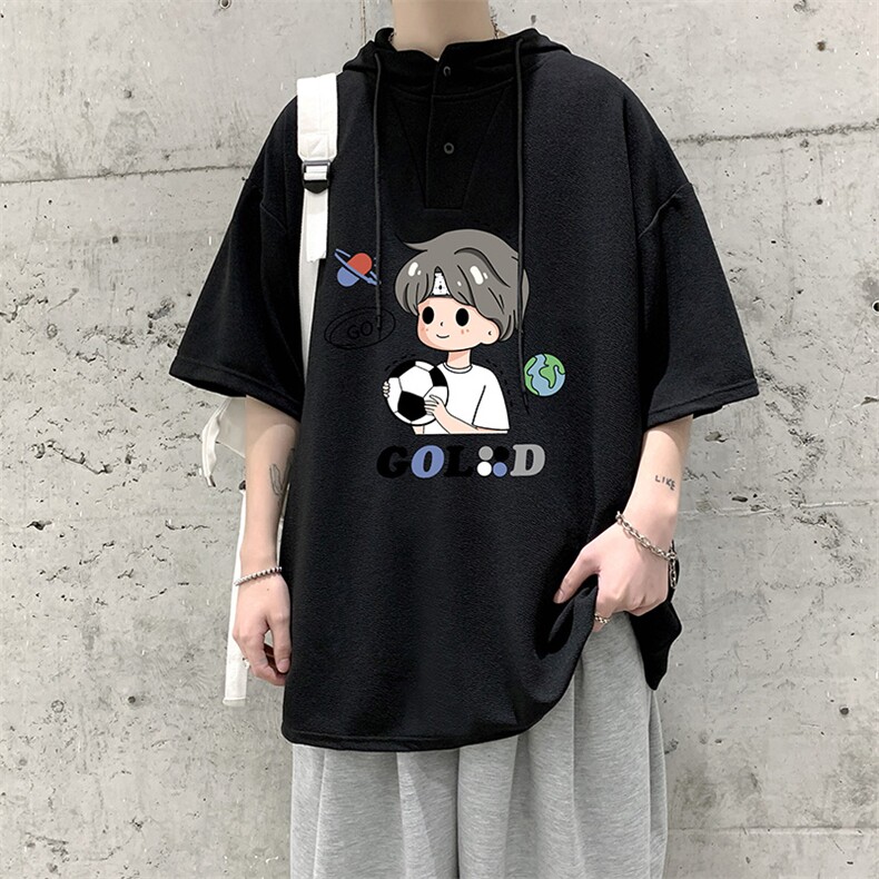 LD54207-P45 连帽短袖t恤男大码胖子带帽五分袖中袖图片
