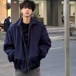 复古藏蓝色工装外套男款棉衣设计感高街棒球服飞行员夹克 M8212图片